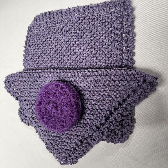 Hand Knit Dish Cloth Set of 2 Plus Scrubbie 100% Cotton Purple Kitchen Gift - Picture 1 of 6